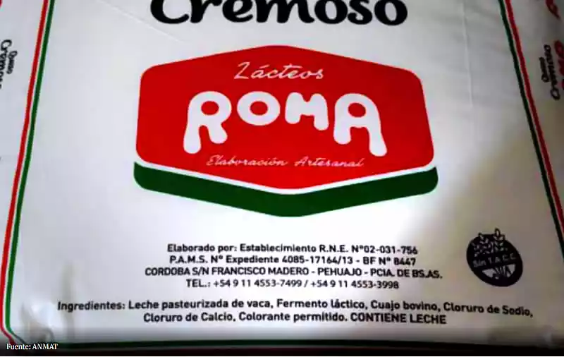 Queso Cremoso Lácteos Roma retirado por ANMAT