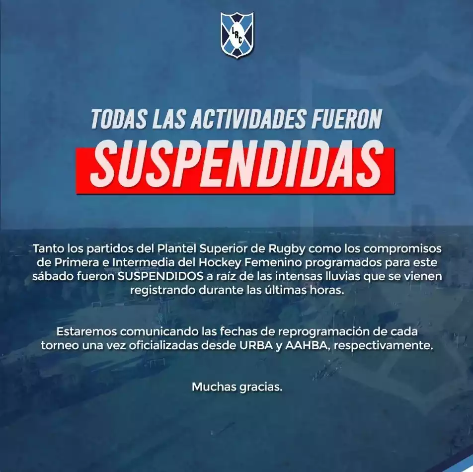 Todos los partidos de LRC se suspenden por las lluvias Todos los partidos de LRC se suspenden por las lluvias